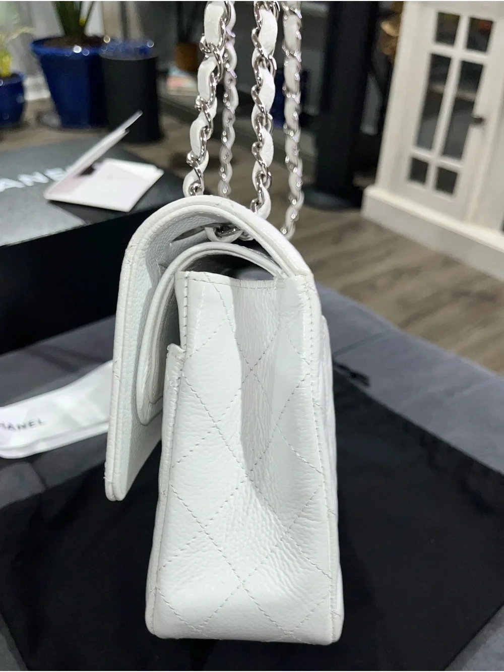 Authentic White CHANEL Caviar Small Classic Double-Flap with Silver Hardware